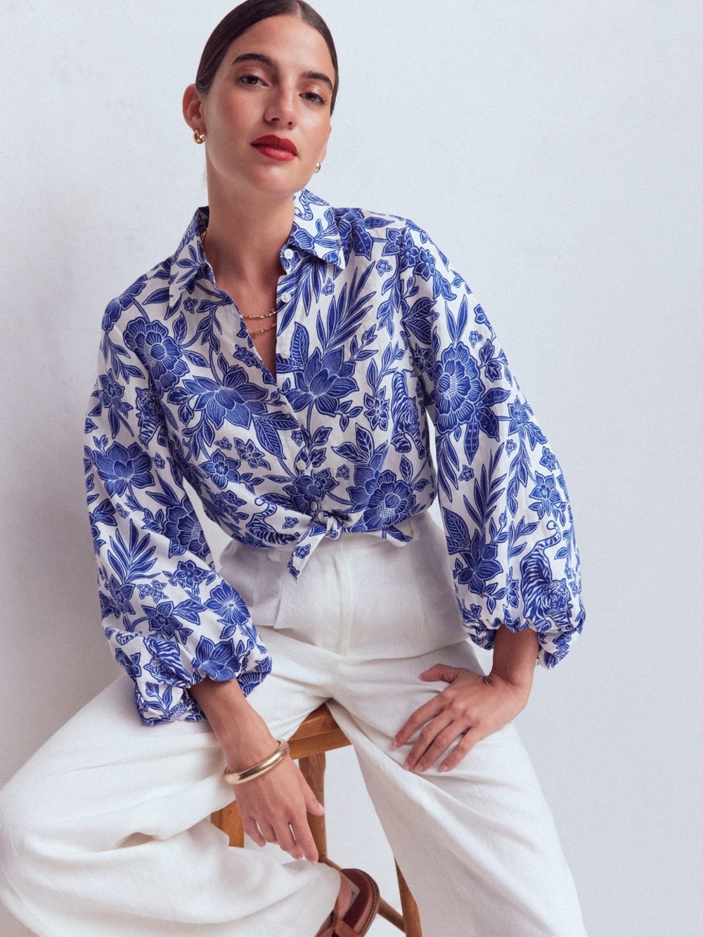 NWT Boden Puff Sleeve Blue Floral Linen Shirt  - size 6 - Picture 5 of 15